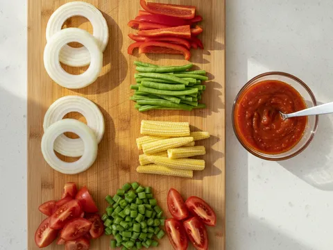 Sayur paprik dipotong tersusun dan sos cili-tomato-tiram dibancuh dalam mangkuk kecil