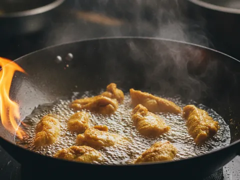 Hirisan ayam bersalut kunyit digoreng kilas dalam minyak panas berbuih dalam kuali