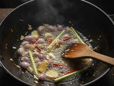 Bawang merah, bawang putih, halia, serai dan cili padi ditumis wangi dalam kuali