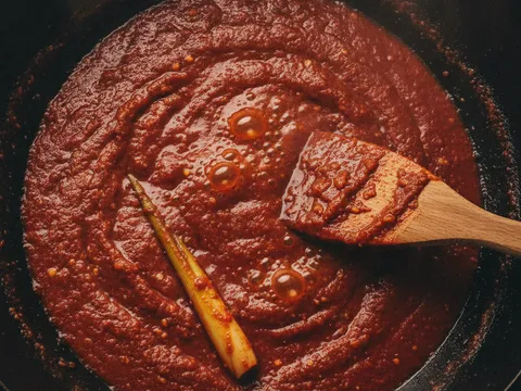 Sos paprik merah pekat menggelegak dalam kuali dengan bahan tumis