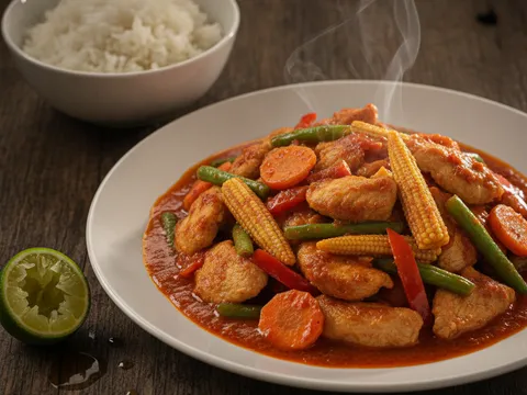Ayam paprik siap bersalut sos merah berkilat dengan sayur rangup, dihidang dengan nasi putih