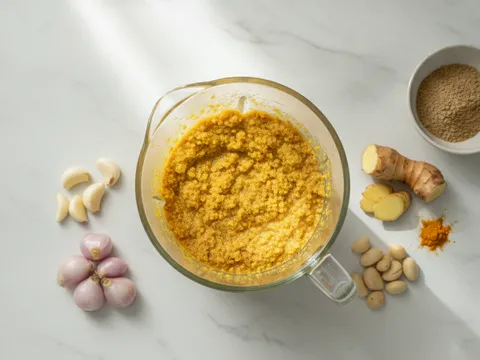 Pes rempah kuning dari bawang merah, bawang putih, halia dan lengkuas dikisar halus dalam blender