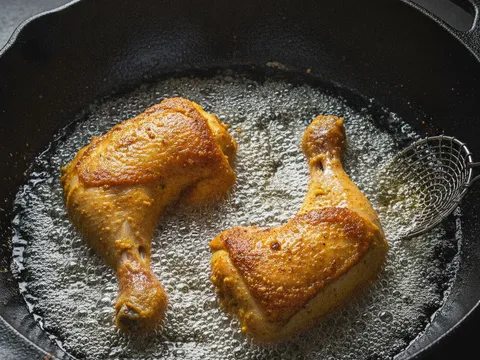 Ketul ayam berempah digoreng dalam minyak panas sehingga keemasan dan garing