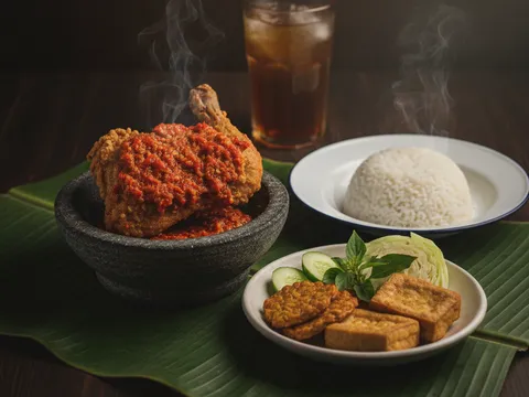 Hidangan lengkap ayam penyet dengan sambal belacan, tempe, tauhu, lalapan timun kobis dan daun kemangi serta nasi putih di atas meja kayu