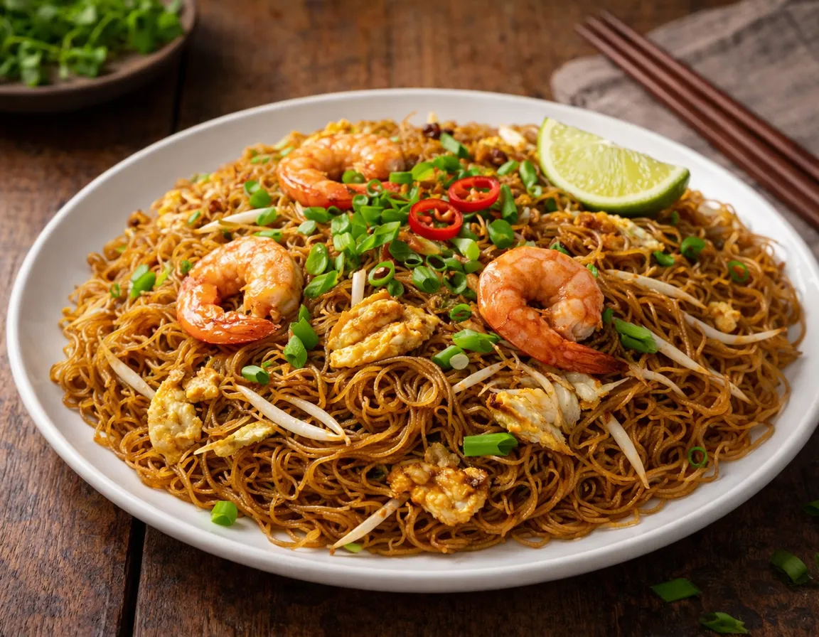 Bihun Goreng Malaysia perang keemasan dengan udang, telur, kobis, taugeh dan garnish daun bawang
