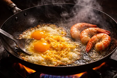Udang segar digoreng dalam kuali panas bersama telur yang dipecah dan dikacau separuh masak