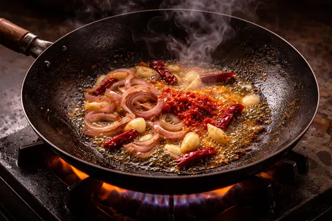 Bawang merah, bawang putih dan cili kering ditumis dalam minyak panas di dalam wok sehingga wangi dan keperangan
