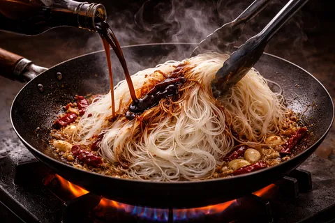 Bihun yang telah direndam dimasukkan ke dalam kuali panas bersama sos kicap manis dituang dari atas