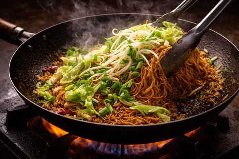 Kobis, taugeh dan daun bawang dimasukkan ke dalam bihun goreng perang dan digaul pantas dalam wok