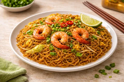 Bihun goreng Malaysia siap dihidang di atas pinggan — perang keemasan dengan udang, telur, kobis, taugeh dan garnish cili merah dan daun bawang