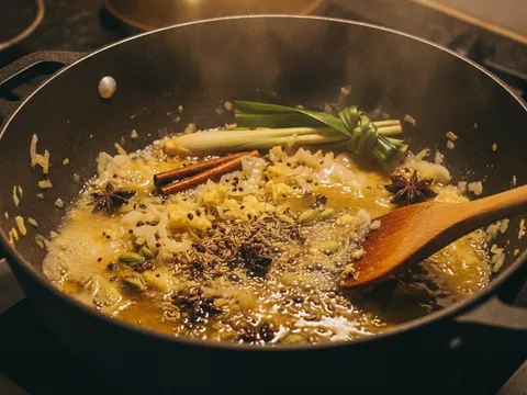 Rempah biji bubur lambuk — halba, jintan, kayu manis dan bunga lawang ditumis bersama bawang cincang dalam minyak sapi