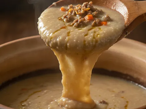 Bubur lambuk pekat berkrim jatuh perlahan dari senduk kayu menunjukkan kepekatan yang betul