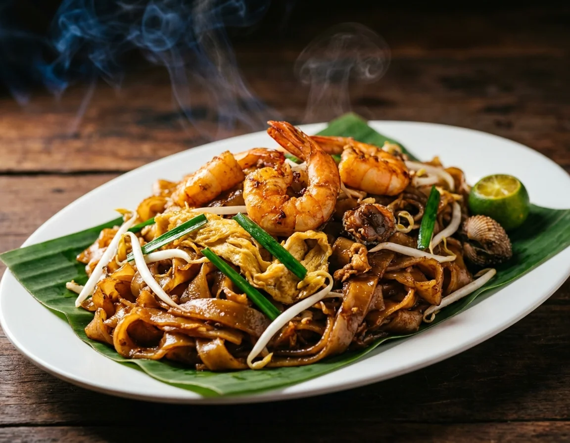 Char kuey teow Penang halal berasap dengan udang besar, telur, taugeh dan kucai di atas pinggan putih