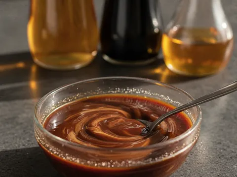 Sos kicap char kuey teow dibancuh dalam mangkuk kecil — kicap cair, kicap pekat, sos ikan dan gula dikacau sebati