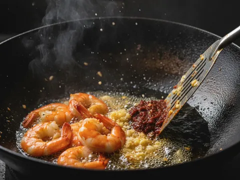 Udang dan bawang putih cincang ditumis pantas dalam kuali panas berasap, udang mula bertukar warna oren