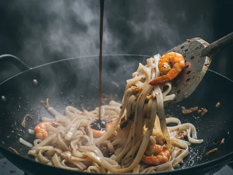 Kuey teow leper bersalut kicap gelap dibalikkan dengan sudip dalam kuali berasap, wap panas naik dari mi