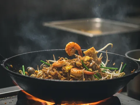 Taugeh putih, kucai hijau dan isi kerang digaul pantas bersama kuey teow dalam kuali berasap pada api besar