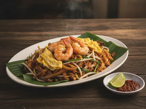 Sepinggan char kuey teow siap dihidang dengan udang oren, telur, taugeh rangup dan kucai, wap masih berasap
