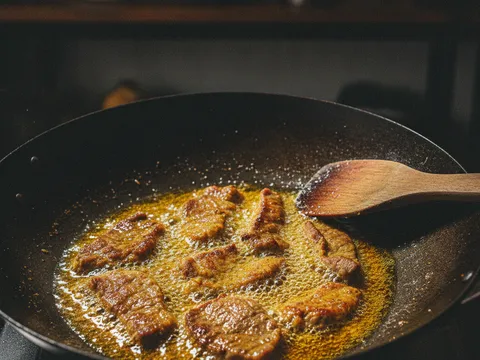 Daging berkunyit digoreng dalam minyak panas di dalam kuali sehingga bertukar warna keperangan