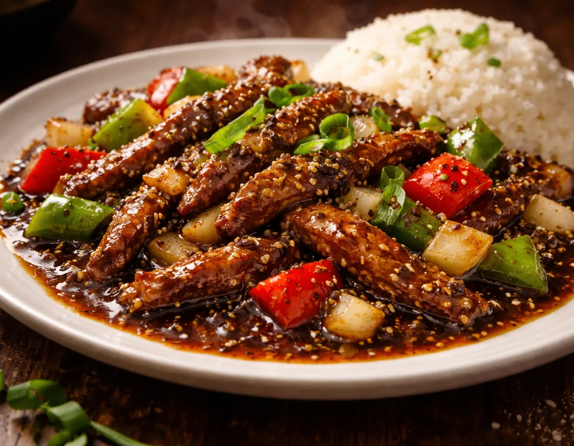 Daging Masak Black Pepper dengan sos pekat berkilat dan sayuran