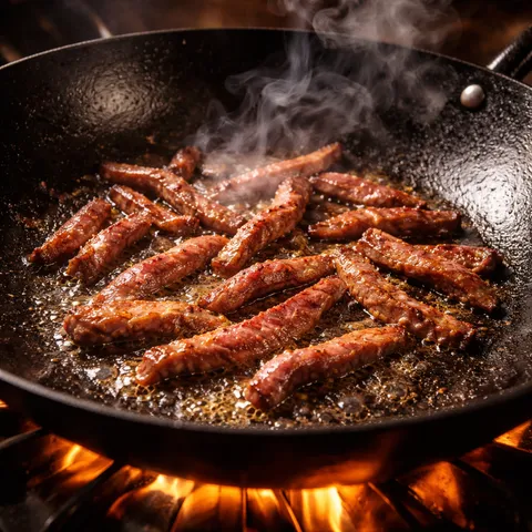 Daging digoreng dalam kuali panas