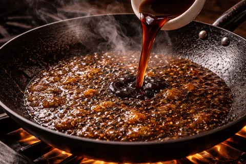 Sos black pepper mendidih dalam kuali