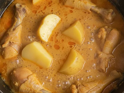 Belahan kentang dimasukkan ke dalam kuah gulai ayam kekuningan yang sedang mereneh dalam periuk