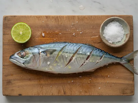 Ikan kembung segar dikelar serong di atas papan pemotong bersama limau nipis dan garam