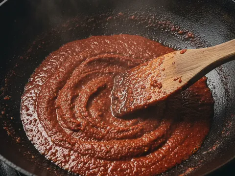 Sambal perapan merah gelap ditumis dalam kuali sehingga pecah minyak dengan minyak jingga naik ke permukaan