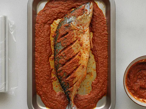 Ikan disaluti perapan sambal merah tebal dengan sambal ditekan masuk ke dalam kelaran