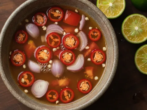 Air asam pencicah dalam mangkuk kecil dengan hirisan cili padi, bawang merah dan tomato terapung