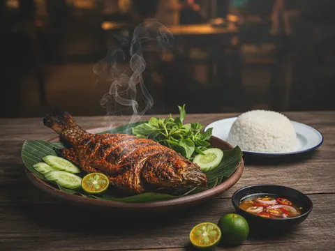 Hidangan lengkap ikan bakar atas daun pisang dengan air asam, nasi putih dan ulam timun