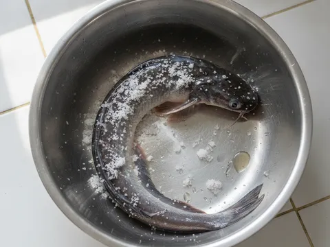 Ikan keli segar digosok dengan garam kasar untuk membuang lendir sebelum dibilas