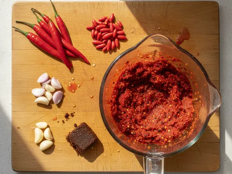 Cili merah dan cili padi dikisar kasar bersama bawang merah dan bawang putih dalam pengisar