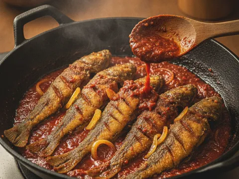 Ikan keli goreng disaluti sambal berlada merah pekat dalam kuali sedia untuk dihidang