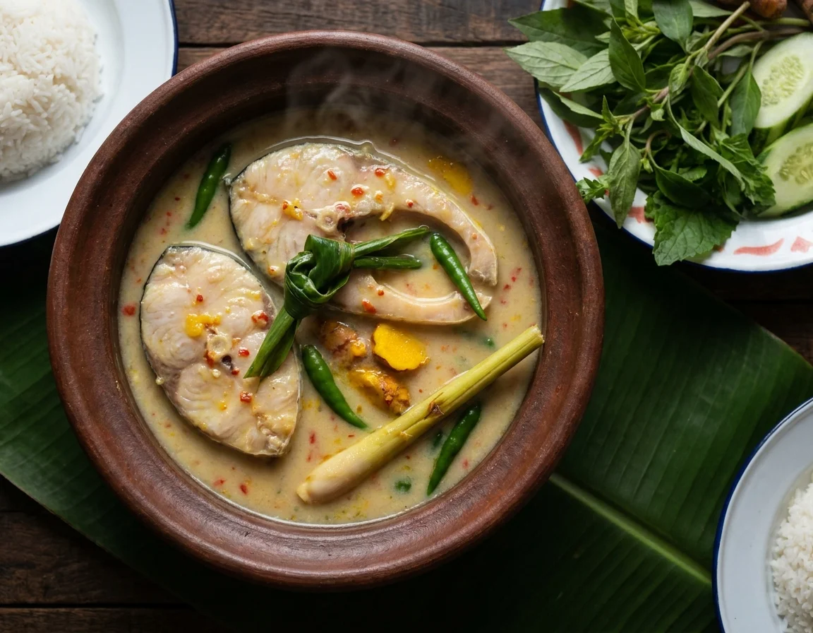 Ikan patin masak tempoyak Pahang dalam kuah kuning masam lemak bersama serai dan cili, dihidang dalam mangkuk bersama nasi putih