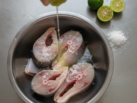 Ketul ikan patin segar dicuci dan digosok dengan garam kasar dan limau nipis untuk buang lendir