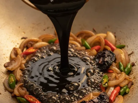 Kuah kicap hitam pekat menggelegak dalam kuali bersama asam keping, bawang dan cili