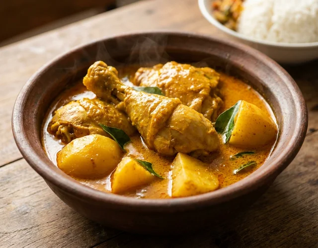 Kari Ayam Malaysia berkuah lemak pekat dengan kentang empuk dan daun kari wangi