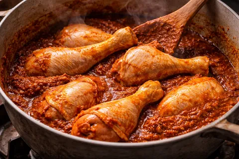 Potongan ayam dimasukkan ke dalam pes kari dalam periuk dan digaul rata sehingga bersalut penuh