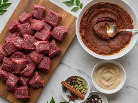 Kiub daging lembu mentah, pes serbuk kari dalam mangkuk dan bahan kisar bawang halia disusun atas meja dapur