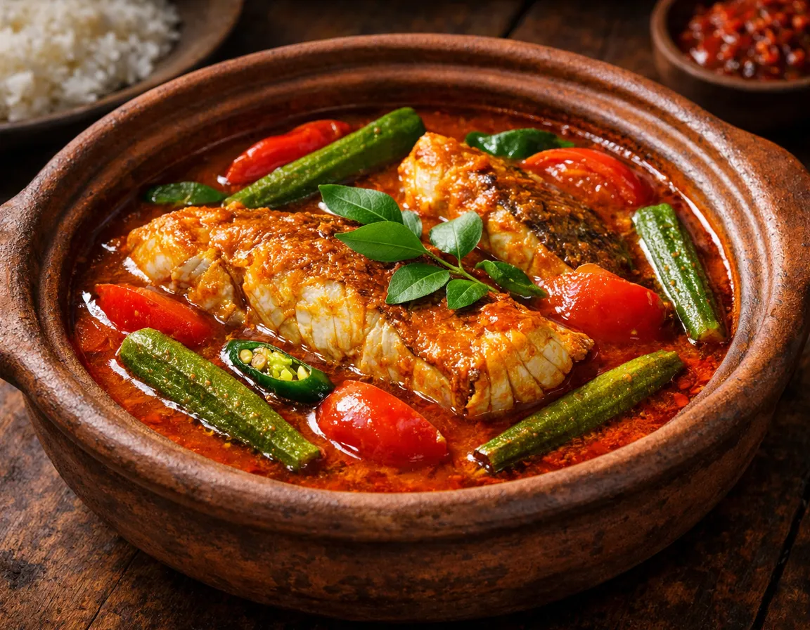 Kari Ikan Malaysia kuah oren-amber pekat berkilat dengan ikan jenahak, bendi, tomato dan daun kari dalam mangkuk