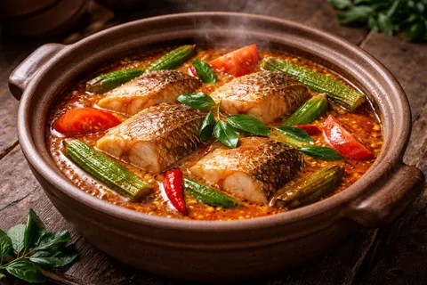 Kari Ikan Malaysia siap dalam mangkuk — kuah oren-amber pekat berkilat dengan minyak naik ke permukaan, ketul ikan merah, bendi hijau, tomato merah, dan daun kari hijau mengapung