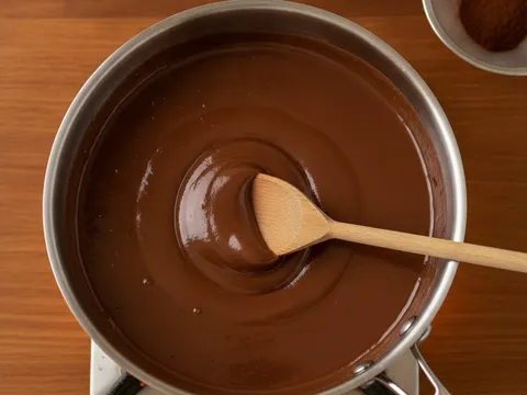 Adunan coklat pekat berkilat dikacau dengan senduk kayu dalam periuk, warna coklat gelap sekata