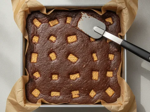 Adunan kek batik ditekan padat dan diratakan dalam loyang persegi dengan spatula