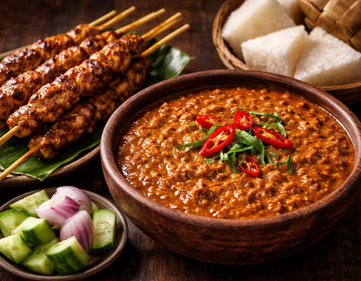 Kuah Kacang Malaysia pekat berwarna coklat-oren dalam mangkuk tanah, satay ayam dan daging di tepi, ketupat putih dan hirisan timun di sekeliling