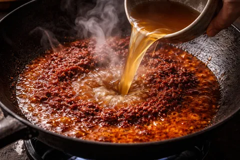 Air dituang ke dalam periuk pes rempah yang pecah minyak, asam jawa coklat pekat dimasukkan, kuah mula mendidih berwarna merah-coklat gelap dan berbau masam-pedas