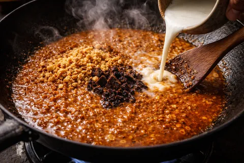 Kuah kacang pekat berwarna coklat-oren gelap dalam periuk, kacang kasar kelihatan dalam kuah, santan dan gula melaka menjadikan kuah berkilat, minyak sedikit terapung di permukaan