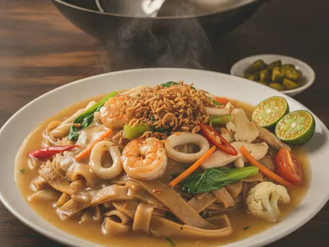 Kuah pekat berisi udang dan sayur dicurah ke atas kuey teow dalam pinggan, ditabur bawang goreng dan dihidang bersama limau kasturi