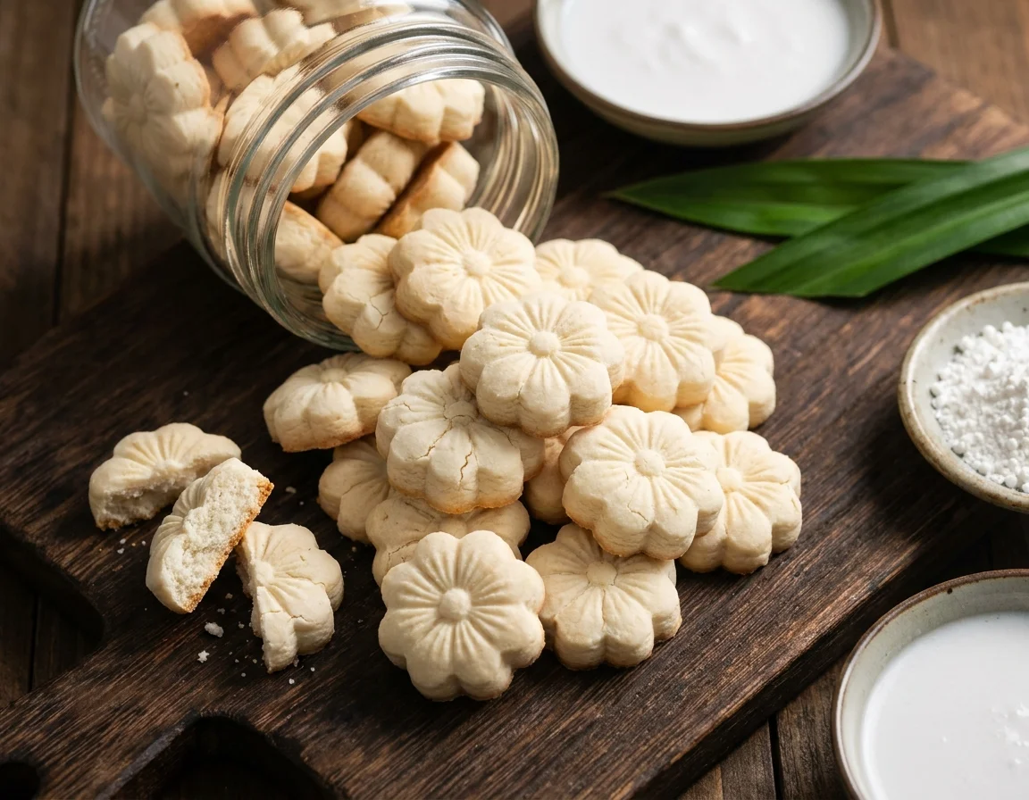 Kuih bangkit berbentuk bunga bertimbun dalam balang kaca terbuka, warna pucat gading dengan permukaan berukir halus